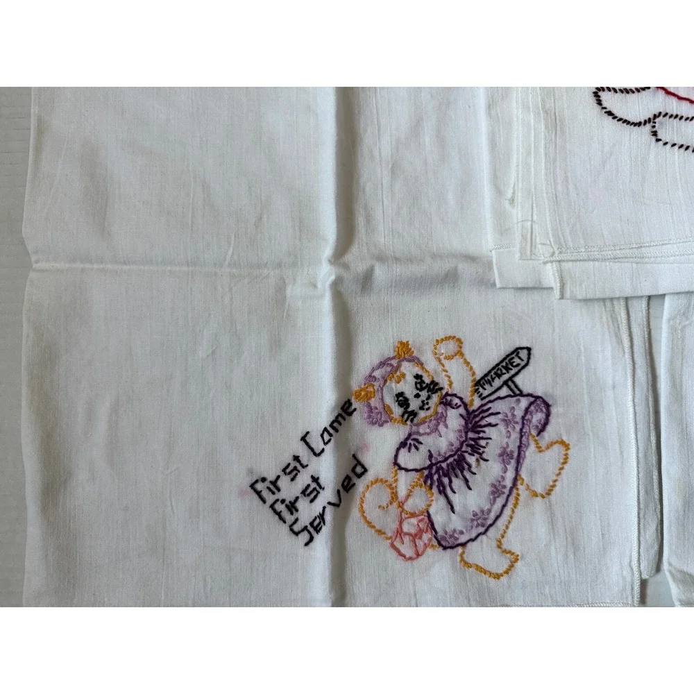 8 Vintage Cat Hand Embroidered Flour Sack Towels - Project to Complete!‎